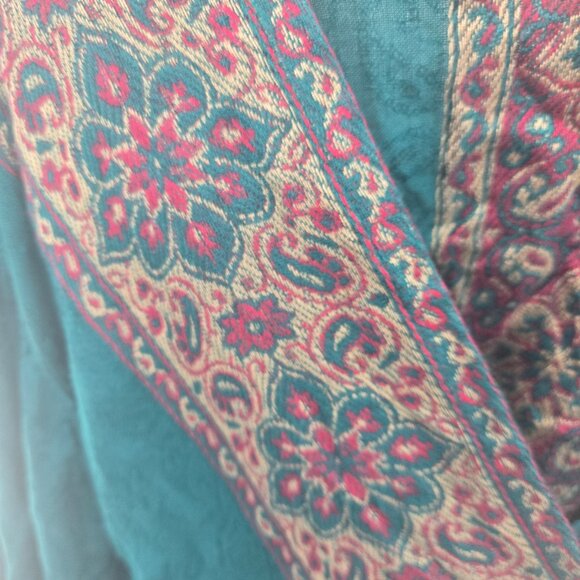 Time For Me Turquoise Brocade Kimono Boho Cardigan Fringe Size XL - Picture 10 of 12